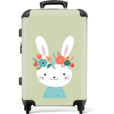 Afbeelding van NoBoringSuitcases.com® Kinderkoffer meisje Konijn Bloemen Groen Meisjes Kind Koffer dieren Meisjeskoffer Trolley 66 cm Reiskoffer