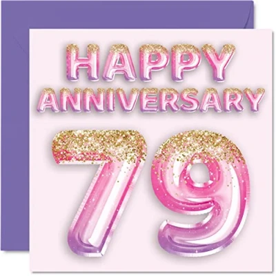 Afbeelding van Mooie 79e verjaardag kaart voor vrouw vriendin man vriend roze paarse glitter ballonnen gelukkig 79 jubileumkaarten van familie, 145mm x wenskaarten negenenzeventig jubilea