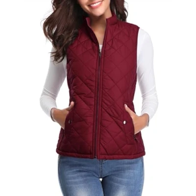 Afbeelding van Fuinloth Vrouwen Gewatteerd Gilet, Staande Kraag Lichtgewicht Vest met Ritssluiting Wijn Rood Large