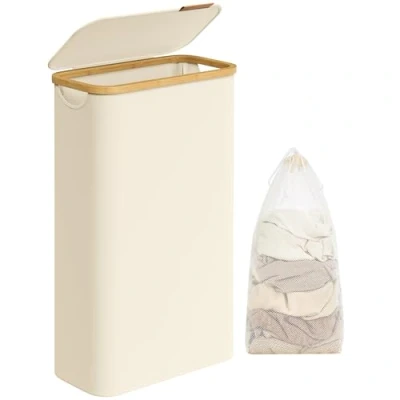 Afbeelding van SONGMICS wasmand met deksel, 65 liter, ruimtebesparend, verwijderbare waszak, Oxford stof, bamboe handgrepen, opvouwbaar, 42 x 22,5 70,5 cm, crèmewit LCB506W01
