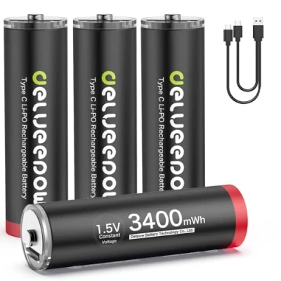 Afbeelding van Delyeepow USB C oplaadbare lithiumbatterijen AA, 1,5V 3400mWh AA batterijen met 2 in 1 oplaadkabel, uur snel opladen, 1500 cycli, 4 stuks