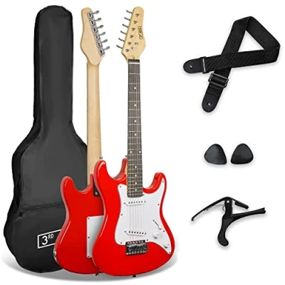Afbeelding van 3rd Avenue XF 3/4 formaat elektrische gitaar voor kinderen, beginnerspakket met tas, gitaarband, plectrums en capo rood