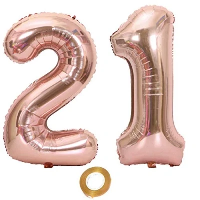 Afbeelding van Ballonnen nummer 21 roségoud ballon roségouden folieballon 21e verjaardag decoratie vrouwen, 81 cm grote getal reus heliumfolie jaar vrouw meisje