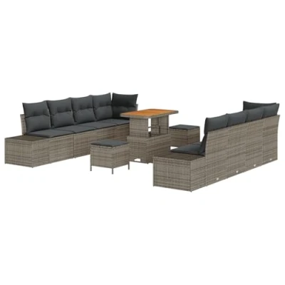 Afbeelding van vidaXL 11 delige tuinsofa set met kussens grijs poly rattan acacia, 2 zits rattan, 3 tuin eetset acacia