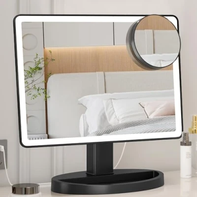 Afbeelding van Grote verlichte make upspiegel (X Large model) 3 kleuren verlichtingsmodi oplichtspiegel met 88 LED, 360 rotatie touchscreen en 10x vergroting tafelblad cosmetische up spiegel (zwart)