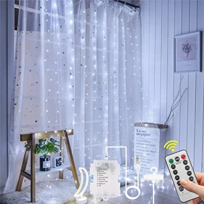 Afbeelding van AOMIG gordijnverlichting, 3 x m kerstverlichting, 300 leds, 8 modi met timer, afstandsbediening en instelbare helderheid, waterdichte lichtslinger led voor feest, decoratie (USB/batterijen)