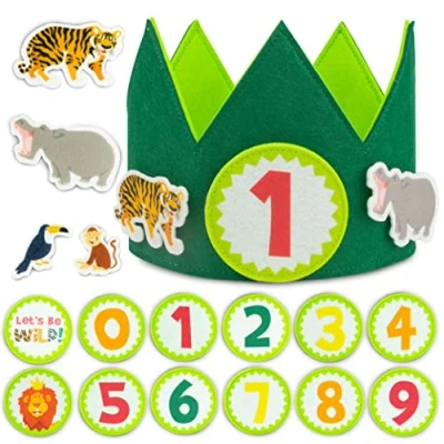 Afbeelding van Jungle verjaardagskroon met verwisselbare getallen van 0 tot 9 &amp; thematische figuren BONNYCO Verjaardagsgeschenken 1ste verjaardag jongens meisjes, Safari feestversiering,