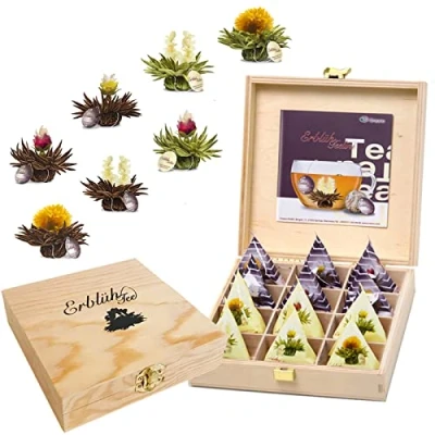 Afbeelding van Creano Teelini Thee bloemen in kopjesformaat, cadeauset houten theekist, 12 theebloemen 8 variëteiten Witte &amp; Zwarte