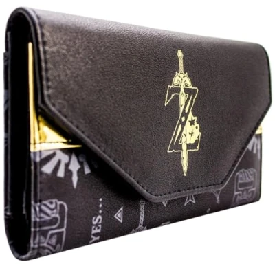 Afbeelding van Zelda Breath of the Wild Wake Up Link Gouden Zwaard Embleem Portemonnee/Beurs Drievoudig Munten, ID &amp; Kaarthouder, Zwart