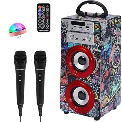 Afbeelding van DYNASONIC Draagbare Karaoke Machine, 2 Microfoons, Bluetooth Luidspreker, Verlichting, USB en SD lezer, Cadeau voor Kinderen 5 16 Jaar (Model 21 lights)