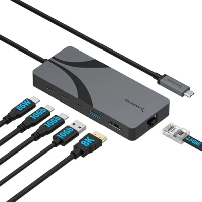 Afbeelding van SABRENT USB C Hub Travel Docking Station, 8K HDMI poort, RJ45 Ethernet 10 Gbps poorten, 85 W PD 3.0, Multi Port Extension (HB U4HP)