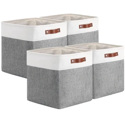 Afbeelding van Doek opbergmand, set van 4 canvas kubus opbergdozen 33cm voor planken, kast, slaapkamer (grijs/wit, stuks)