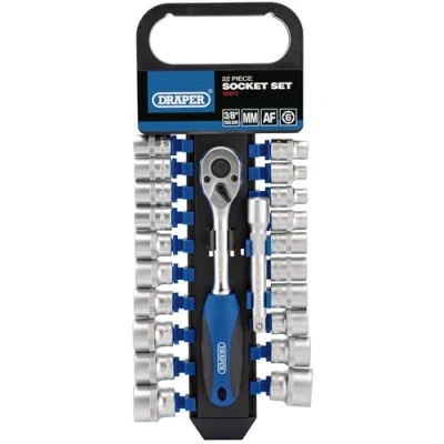 Afbeelding van Draper 16373 Vierkante aandrijving gecombineerd MM/AF socket en ratel 22 stuks set, 3/8&quot; lengte, blauw