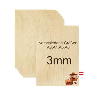 Afbeelding van Multiplexplaat, berk, A3, 420 x 297 3 (+ 0,5) mm, hoogwaardige multiplex, hout om te knutselen, houten platen voor knutselwerk, houtsnijden, 10 stuks