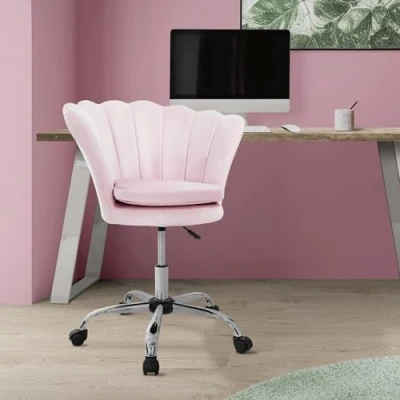 Afbeelding van Bureaustoel met wielen en rugleuning schelpdesign 68x68 cm lichtroze fluweel metalen frame ML design