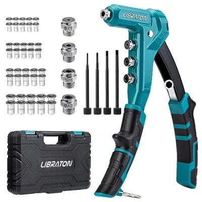 Afbeelding van LIBRATON 9,5 inch klinknagel moer gereedschap, eenhandig pistool, hand setter met 40 stuks schroefdraad moeren, M3, M4, M5, M6, metrische verwisselbare