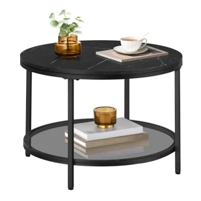 Afbeelding van Vasagle LCT072B58 Salontafel, woonkamertafel, voor woonkamer, met glazen blad, veel opbergruimte, eenvoudige montage, moderne stijl, marmeren zwart inktzwart