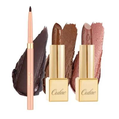 Afbeelding van Oulac Braun Lippenstift en liplinerset, matte metallic afwerking, sterk gepigmenteerde hydraterende formule, glad korrelvrij, veganistisch, 3 stuks