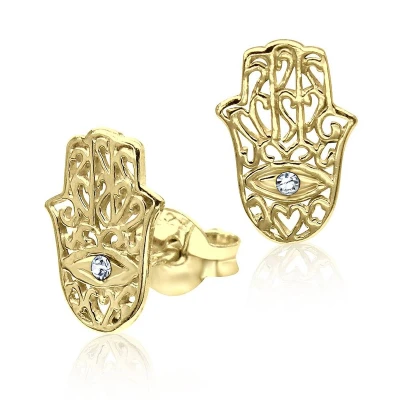 Afbeelding van JoyS Zilveren hamsa oorbellen 7 x 10 mm kristal 14k goudplating