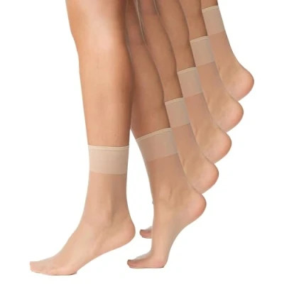 Afbeelding van Nur Die Set van 5 paar sokjes, zijdefijn, 15 denier, transparant, nylon, fijne sokken, zijdeachtig glanzend, brede comfortabele band voor dames, teint, Eén maat