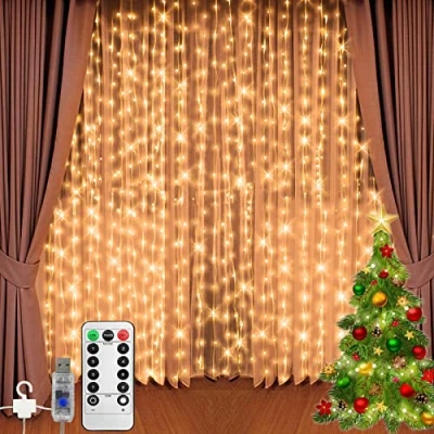 Afbeelding van Jsdoin Gordijnverlichting 3 x m, 300 leds, met 8 modi, afstandsbediening, timer, instelbare helderheid, gordijnlicht voor slaapkamer, tuin, feest, Kerstmis, gordijn lichtslingers (warm wit)