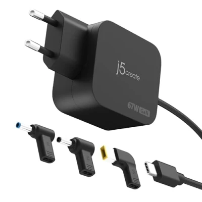 Afbeelding van j5create 67W GaN PD USB C minioplader met 3 typen DC connector EU