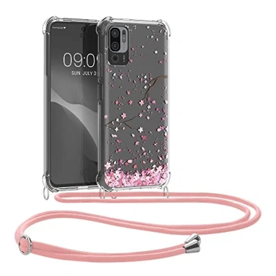 Afbeelding van kwmobile telefoonhoesje compatibel met Xiaomi Redmi Note 10 5G Hoesje Case koord In poederroze/donkerbruin/transparant Kersenbloesembladeren