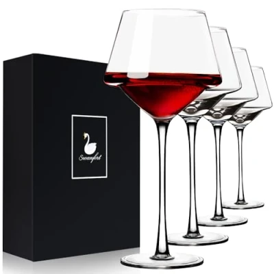 Afbeelding van Swanfort Rode wijnglas, set van 4 met wijnaccessoires, handgeblazen kristallen loodvrije bordeauxrode wijnglazen, premium gesteelde grote kom wijnglazen in geschenkdoos 430 ml