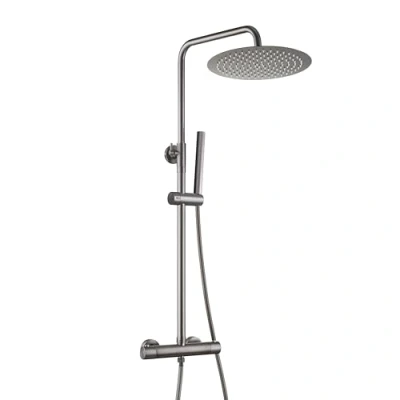 Afbeelding van Görbach Thermostaat douchesysteem met douchearmatuur, complete set, regendouche, doucheset roestvrijstalen douchestang, XXL douchekop rond, diameter 30 cm, gunmetal grijs