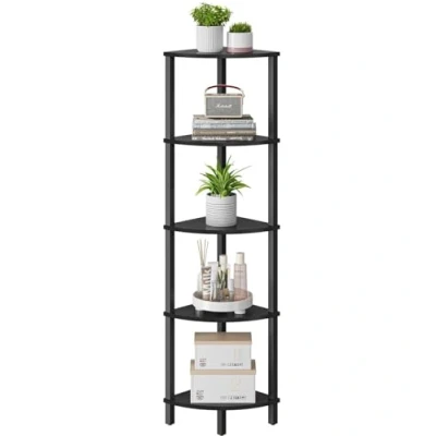 Afbeelding van VASIHO Hoekplank, staand rek, boekenkast met 5 niveaus, ladderrek, opbergrek, plantenrek voor keuken, woonkamer, industrieel design, zwart JSJ001B