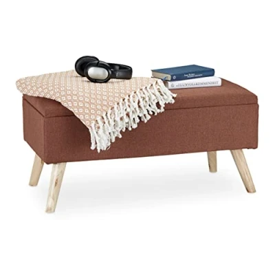 Afbeelding van Relaxdays zitbank met opbergruimte, kussen, houten poten, opbergbank, HxBxD: 39,5 x 79,5 cm, bruin