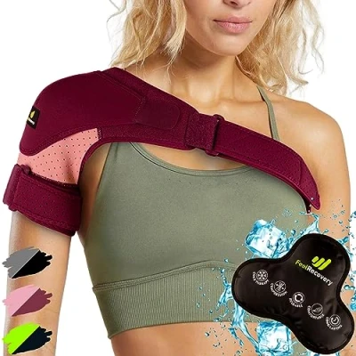 Afbeelding van Schouderbrace met Gel Warm Koud Kompres Damen &amp; Heren Sport Schouder Brace Rotatormanchetten bij Ontwrichting Peesontsteking Neopreen Schouderbandage Linker en Rechterarm (Bordeaux, L/XL)