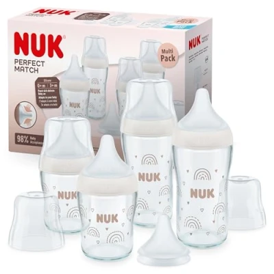 Afbeelding van NUK Perfect Match Glazen babyflessenset, vanaf 6 maanden, past zich aan de baby aan, temperatuurcontrole, 4 anti colic flessen en extra siliconen drinkzuigers, 120 ml 230 ml, BPA vrij, regenboog, 5
