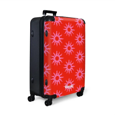 Afbeelding van NoBoringSuitcases.com® Koffer groot Reiskoffer lichtgewicht Rood met roze zonnen Rolkoffer 4 wielen Grote trolley XL 98 liter bagage