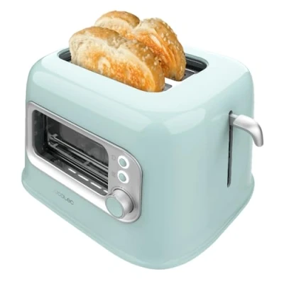 Afbeelding van Cecotec Verticale Broodrooster 2 Brede Gleuven RetroVision Blauw. 700 W in 5 Niveaus, Sneetjes Brood, Controlevenster, Retro Design, Stofkap, Automatische Uitschakeling en Pop up