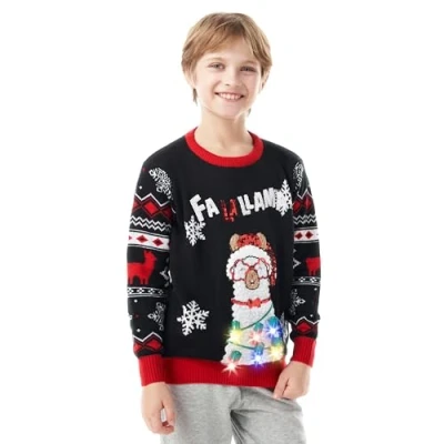 Afbeelding van Giggling Getup lelijke kersttrui voor kinderen, led verlichte zwarte kerst alpaca trui, zwart, 10 12 Jaar