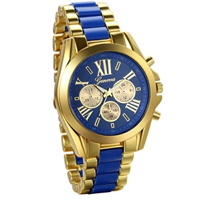 Afbeelding van JewelryWe Verjaardagscadeau Romeinse cijfers mannen wijzerplaat tweetoon roestvrij stalen jurk horloge blauw goud kleur