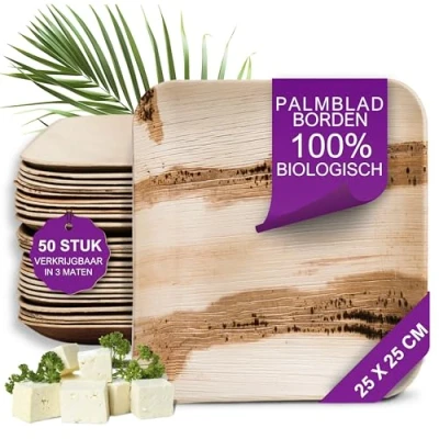 Afbeelding van Waipur Bio Palmblad Bord 50x Vierkant 25x25cm Composteerbaar Eersteklas Wegwerp Servies Milieuvriendelijke Borden Wood Disposable Plates