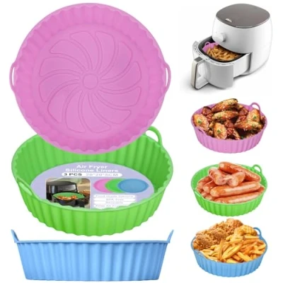 Afbeelding van Alyvisun Air Fryer Silicone Pot, 3 Stuks Airfryer Pan Liners Herbruikbare Heteluchtfriteuse Mand Rond Tray Rack Accessoires Basket voor Fryers, Magnetron, Oven (Roze+Groen+Lichtblauw)