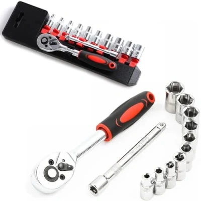Afbeelding van LSLANSOON 1/4 &quot;Ratchet Dopsleutel Set, Mechanic Tool Kit en Sockets Set met Quick Release Omkeerbare Ratchet Handvat Verlengstang, 12 stuks