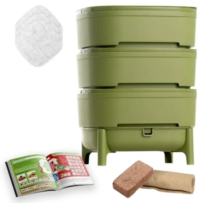 Afbeelding van WORMcube Groente Design &amp; Compact I 3 baks Wormenbak Complete set Wormverdrinking Stopfilter