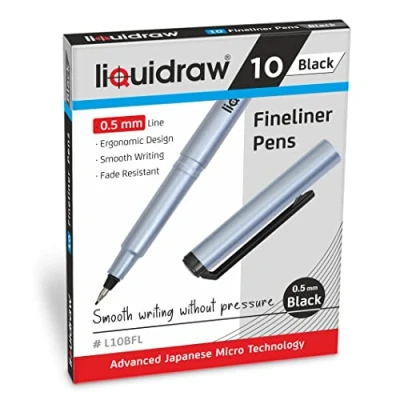 Afbeelding van Liquidraw 10 Zwarte Fineliner Pennen Set Fine Point 0.5mm Fineliners Zwart Gekleurde Voor Kunstenaars, Architecten, Technische Tekening, Handschrift, Kalligrafie, Schetsen &amp; Illustraties