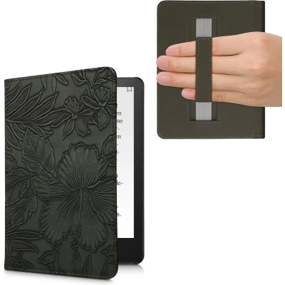 Afbeelding van kwmobile E reader hoesje geschikt voor Amazon Kindle Paperwhite 11. Generation 2021 hoes flip case met magneetsluiting Ereader cover Bloemen in reliëf design groen