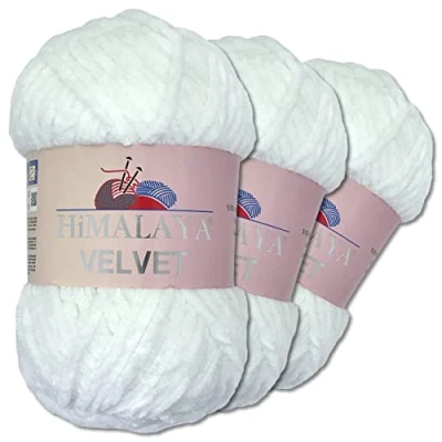 Afbeelding van Wohnkult Himalaya Velvet Dolphin breiwol, 3 x 100 g, 40 kleuren om uit te kiezen, chenille breigaren, pluizige wol, glans, accessoire, kleding, dekens (90001, sneeuwwit)