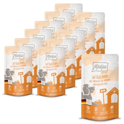 Afbeelding van MjAMjAM Premium natvoer voor honden Quetschie Sappige kip met malse eend, worteltjes en gekookte gierst, pak van 12 (12 x 125g), glutenvrij extra vlees