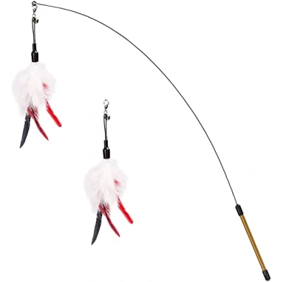 Afbeelding van Pawaboo Feather Teaser Cat Toy, Interactive Wand Toy Flying Catcher with Extra Long 34.5&quot; and Small Bell, Exerciser Playing for kitten or cat, Wine Red &amp; White