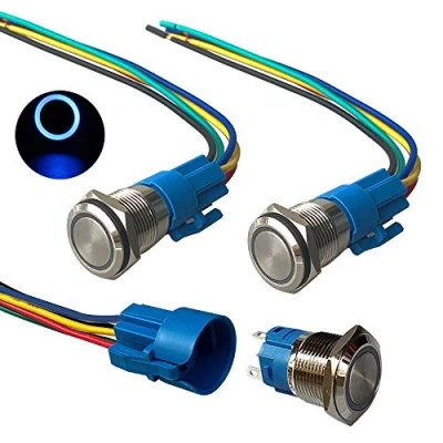 Afbeelding van QitinDasen 3 Stks Premium 12V/24V 5A Momentary Drukknopschakelaar, 19mm Auto Ontsteking Starter Schakelaar, Blauw LED Licht Roestvrij Staal IP67 Waterdichte Schakelaar met Socket Plug Draad