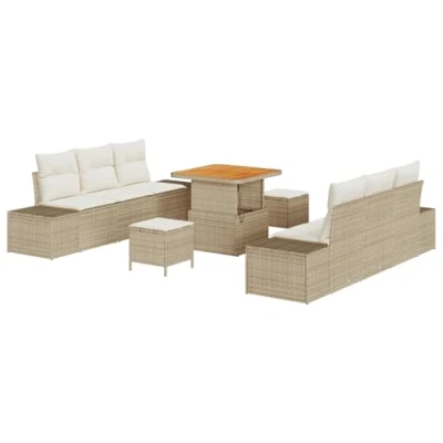 Afbeelding van vidaXL 9 delige tuinsofa set met kussens beige poly rattan acacia, 2 zits rattan, 3 delig tuin eetset acacia