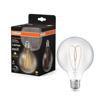 Afbeelding van OSRAM Vintage 1906 Globe is a warm white, dimmable LED lamp in classic ball shape with filament. It offers 7.2 W for 806 lm, E27 socket, clear coloured glass, 95 mm diameter, 2,700 K, EEK E.