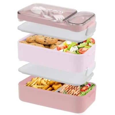 Afbeelding van HENSHOW bento box Lunch voor volwassenen, lekvrij, 2 lagen, snackboxset, schattige lunchcontainers, magnetronbestendig, BPA vrij, roze